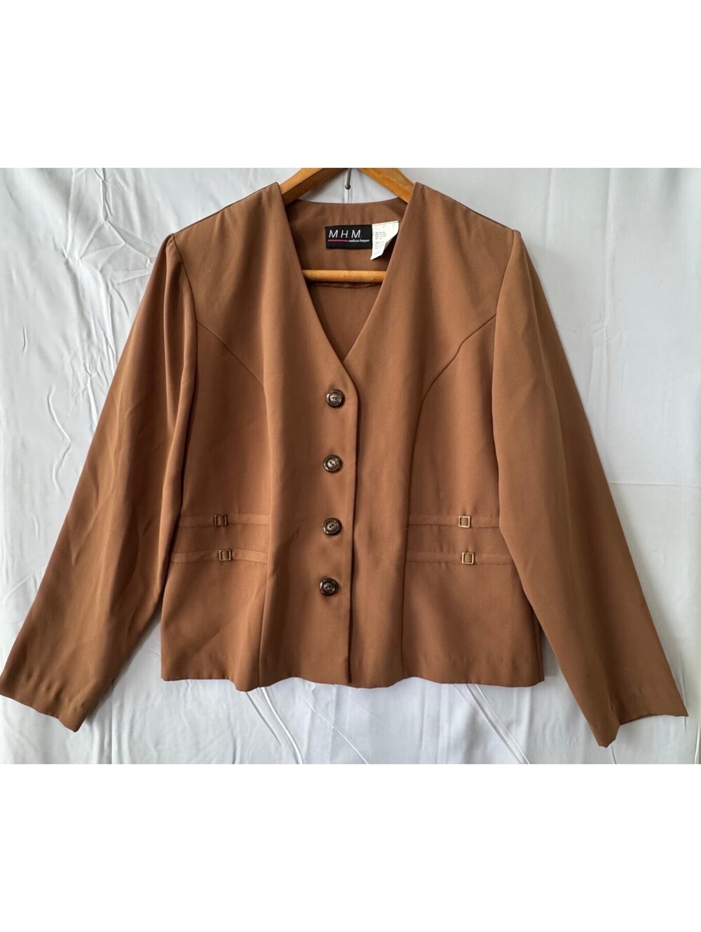 MHM Melissa Harper Blazer 10 Brown V-Neck Shoulder Pads Buckle Buttons Poly